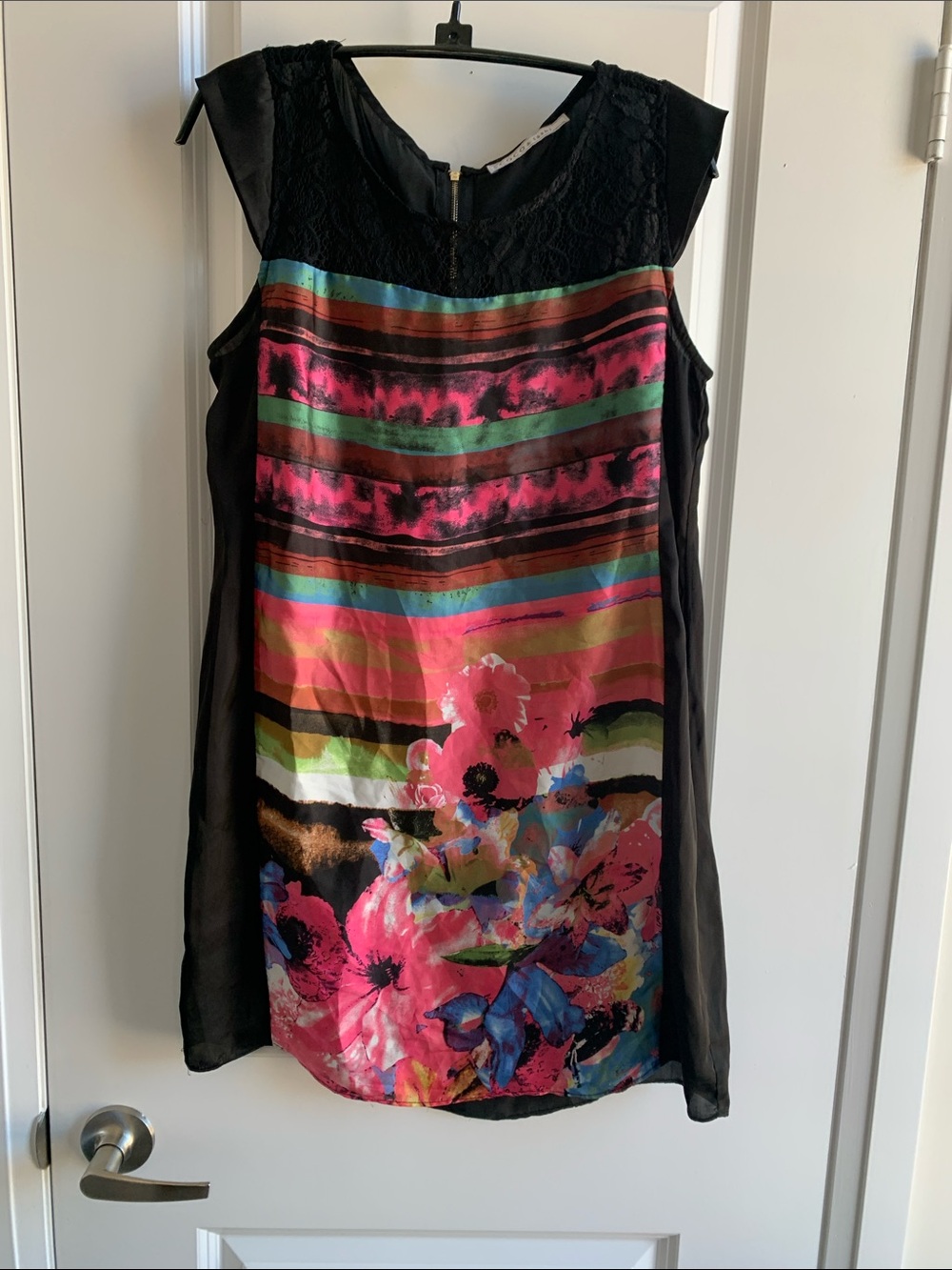 Black Midi Dress with Pink Floral Stripe Front Satiny Lightweight Fabric